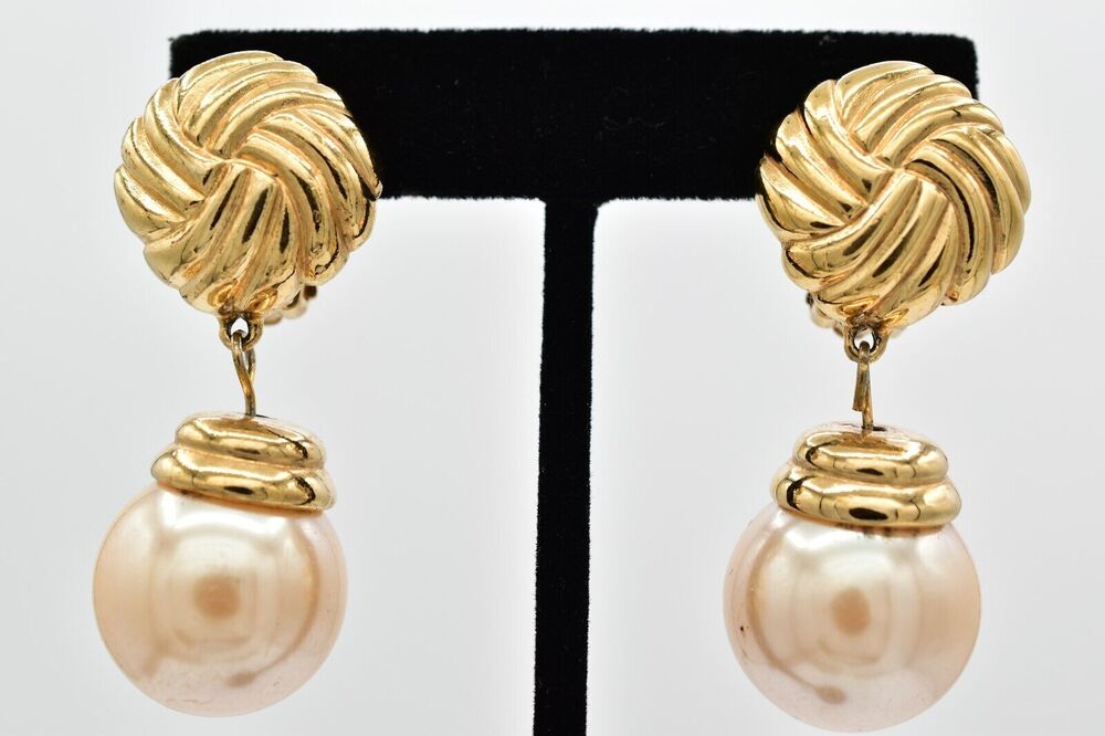 Vintage Pearl Drop Clip On Earrings Dangle Gold Tone Heavy Chunky 1980s BinAI